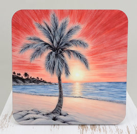 TwoAcreTees.com Palm Tree With A Red Sunset Square Coaster