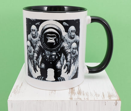 TwoAcreTees.com Roland The Astronaut Gorilla Black Handle Mug