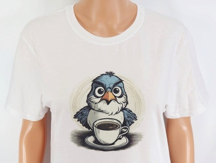 TwoAcreTees.com Rudy The Angry Coffee Bird Crisp White T-Shirt 