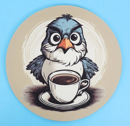 TwoAcreTees.com Rudy The Angry Coffee Bird Round Mouse Pad