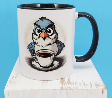 TwoAcreTees.com Rudy The Angry Coffee Bird Black Handle Mug