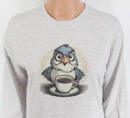 TwoAcreTees.com Rudy The Angry Coffee Bird Ash Gray Long Sleeve Shirt