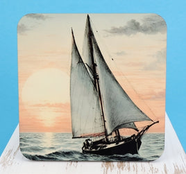 TwoAcreTees.com Sailboat On The Ocean At Dawn Square Coaster