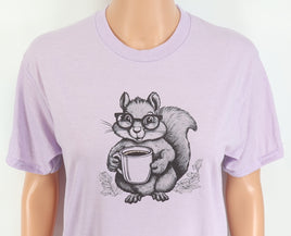 TwoAcreTees.com Sammy The Coffee Loving Squirrel Pastel Purple T-Shirt