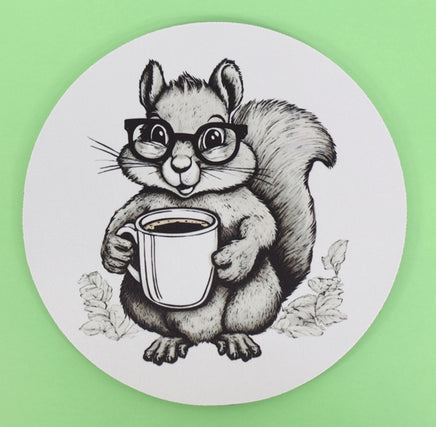 TwoAcreTees.com Sammy The Coffee Loving Squirrel Round Mouse Pad