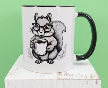 TwoAcreTees.com Sammy The Coffee Loving Squirrel  Black Handle Mug