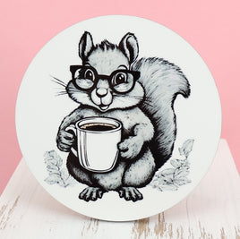 TwoAcreTees.com Sammy The Coffee Loving Squirrel Round Coaster