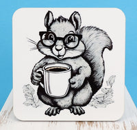 TwoAcreTees.com Sammy The Coffee Loving Squirrel Square Coaster