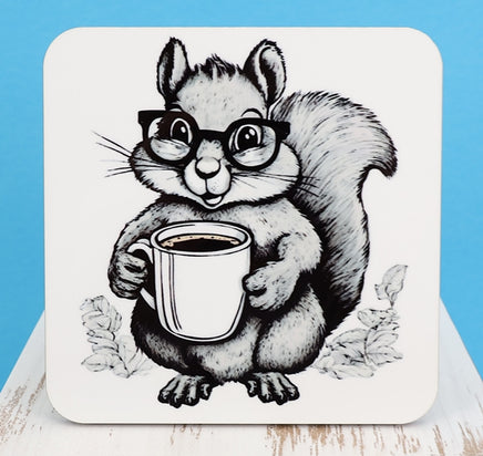 TwoAcreTees.com Sammy The Coffee Loving Squirrel Square Coaster