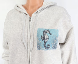 TwoAcreTees.com Seahorse On Front Whale On Back Ash Gray Zipper Hoodie