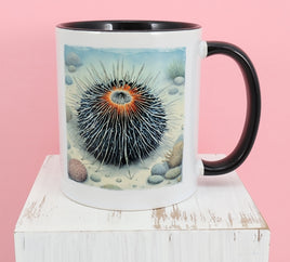 TwoAcreTees.com Sea Urchin On The Ocean Floor Black Handle Mug