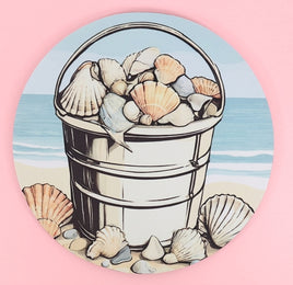 TwoAcreTees.com Bucket Of Seashells On The Beach Round Mouse Pad