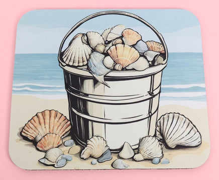 TwoAcreTees.com Bucket Of Seashells On The Beach Mouse Pad