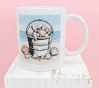 TwoAcreTees.com Bucket Of Seashells On The Beach White Mug