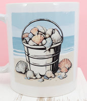 Bucket Of Seashells On The Beach White Mug