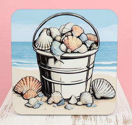 TwoAcreTees.com Bucket Of Seashells On The Beach Square Coaster