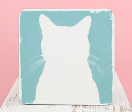 TwoAcreTees.com White Cat Silhouette Square Coaster