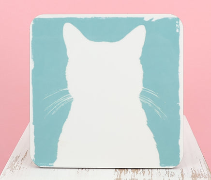 TwoAcreTees.com White Cat Silhouette Square Coaster