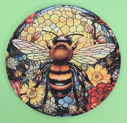 TwoAcreTees.com Stained Glass Style Bee Round Mouse Pad