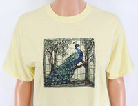 TwoAcreTees.com Stained Glass Style Peacock Pastel Lemon T-Shirt