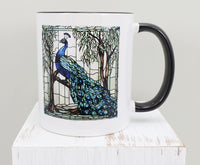 TwoAcreTees.com Stained Glass Style Peacock Black Handle Mug