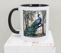 Stained Glass Style Peacock Black Handle Mug