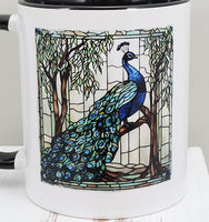 Stained Glass Style Peacock Black Handle Mug