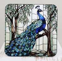 TwoAcreTees.com Stained Glass Style Peacock Square Coaster