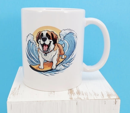 TwoAcreTees.com Sully The Surfing Saint Bernard White Mug