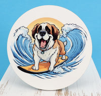 TwoAcreTees.com Sully The Surfing Saint Bernard Round Coaster