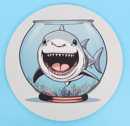 TwoAcreTees.com Thrasher The Shark In A Fish Bowl Round Mouse Pad