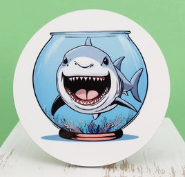 TwoAcreTees.com Thrasher The Shark In A Fish Bowl Round Coaster