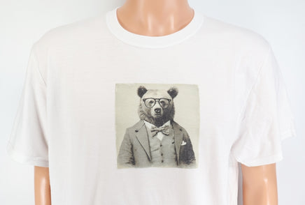 TwoAcreTees.com Truman The Old Timey Bear Crisp White T-Shirt