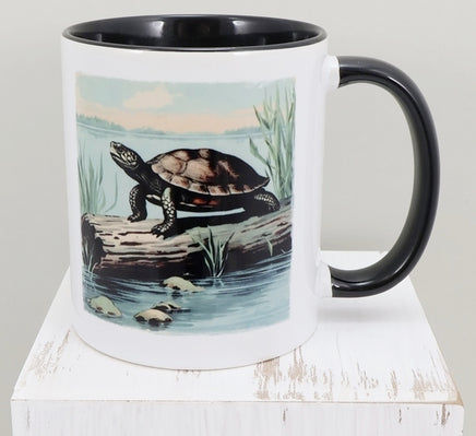 TwoAcreTees.com Turtle On A Log On The Lake Black Handle Mug