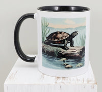 Turtle On A Log On The Lake Black Handle Mug