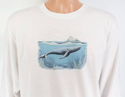 TwoAcreTees.com Whale Swimming In The Ocean Crisp White Long Sleeve Shirt