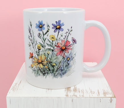 TwoAcreTees.com Yellow, Pink And Blue Wildflowers White Mug