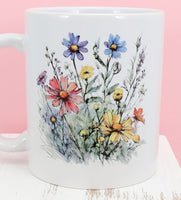 Yellow, Pink And Blue Wildflowers White Mug