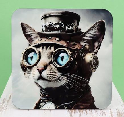 TwoAcreTees.com Wyatt The Steampunk Cat Square Coaster