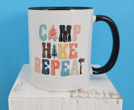 TwoAcreTees.com Camp, Hike, Repeat Black Handle Mug