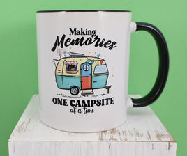 TwoAcreTees.com Making Memories One Campsite At A Time Black Handle Mug