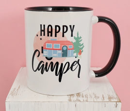 TwoAcreTees.com Happy Camper Black Handle Mug
