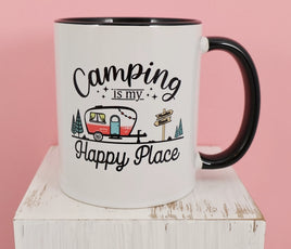 TwoAcreTees.com Camping Is My Happy Place Black Handle Mug