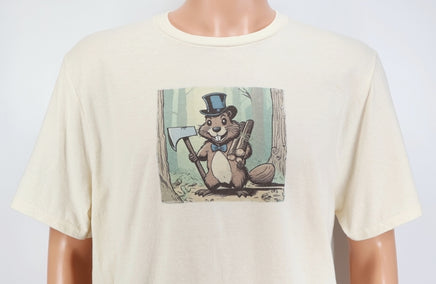 TwoAcreTees.com Flynn The Wood Chopping Beaver Vanilla Cream T-Shirt