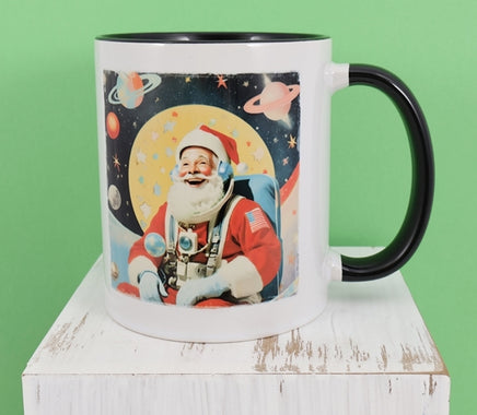 Astronaut Santa Claus In Outer Space Black Handle Mug